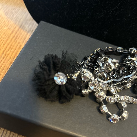 Betsey Johnson Chain/Charm bracelet
Silvertone/black/rhinestones 
Skull Key logo - Picture 4 of 11